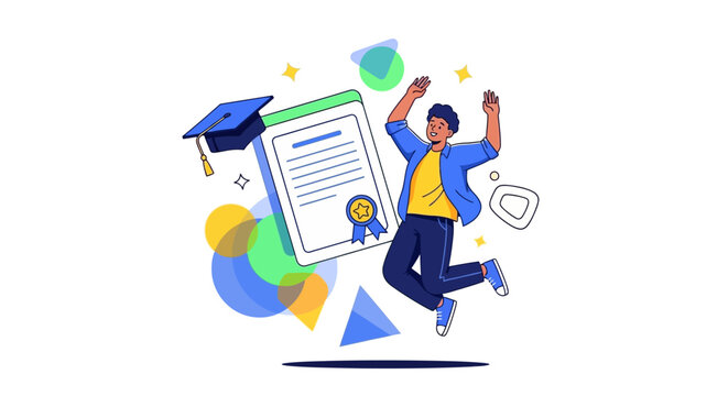 Vector illustration of a cheerful student celebrating graduation by jumping in the air next to a diploma and mortarboard, set against a clean white background with geometric shapes
