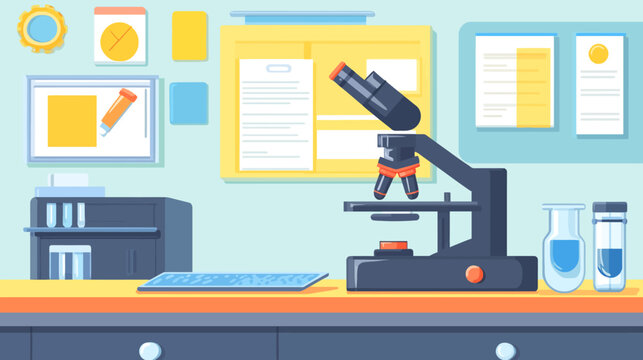 A flat illustration of a scientific laboratory with a microscope and scientific equipment
