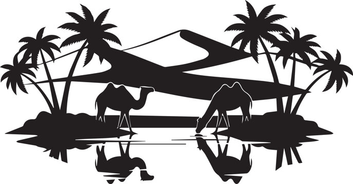 desert oasis camel silhouette landscape vector illustration