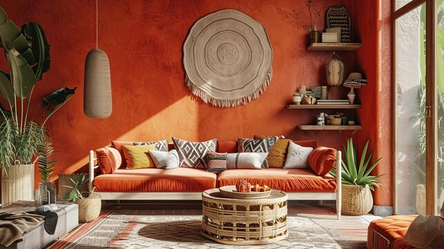 Cozy Bohemian Sunset Living Room with Orange Tones and Natural Textures