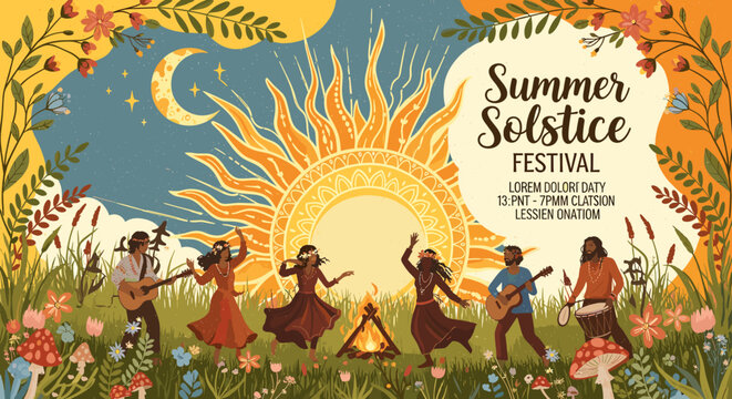 Vibrant folk art illustration of a Summer Solstice Festival with people dancing and playing music around a campfire under a large sun and moon.