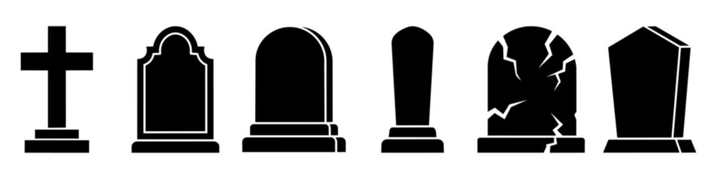 Collection of traditional cemetery headstone and gravestone silhouettes featuring cross and cracked designs
