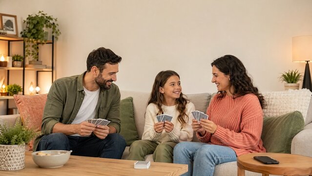 Family playing card game together on sofa at home  
