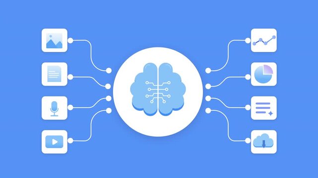 Description:
Clean AI data communication animation video with a central brain connected to file, media, and message icons, showing data flow, automation, and digital interaction in a modern blue inter