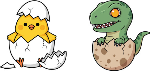Obraz premium Cute Baby Chick and Dinosaur Hatching Vector Illustration Set Featuring Cartoon Animals Emerging from Eggs in Adorable Kawaii Style Isolated on White