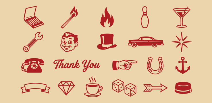 Vintage Style Red Icon Collection with Retro Mid Century Graphic Elements and Americana Symbols