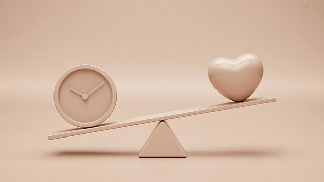Balance scale with clock and heart symbol representing time management and life balance concept