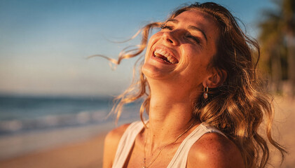 Naklejka premium Joyful Woman Laughs on Beach at Sunset with Windblown Hair and Freckles
