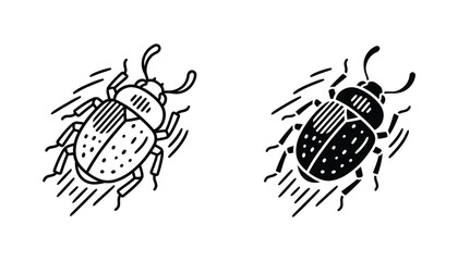Beetle insect icon featuring detailed line art and solid black silhouette for nature and wildlife design © Nova