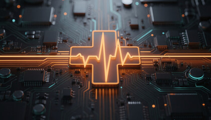 Fototapeta premium Digital Healthcare Concept with Glowing Heartbeat on Circuit Board Technology