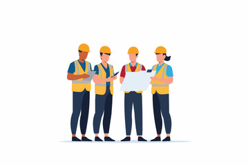 Fototapeta premium Construction workers looking at blueprints together in a collaborative meeting