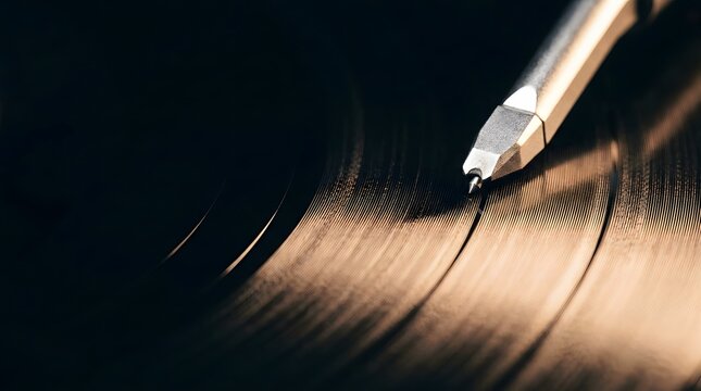 Close-up of a turntable stylus on a vinyl record with turntable playback spinning listening