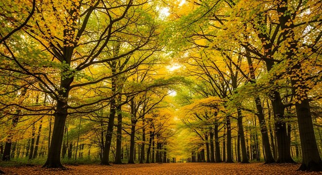 Golden autumn forest path through tall beech trees with vibrant yellow and orange foliage glow.