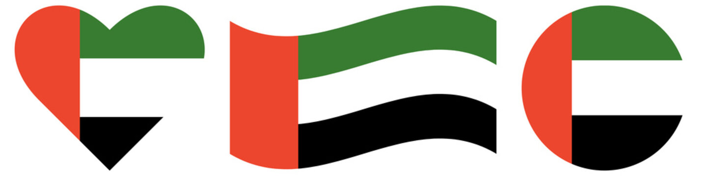 United Arab Emirates flags set isolated. National round flag of UAE. Waving flag of UAE isol, flag of UAE in heart shape.