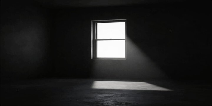 An empty room features an open door to heaven leading into a corridor of light where a bright entrance shines through the dark interior architecture