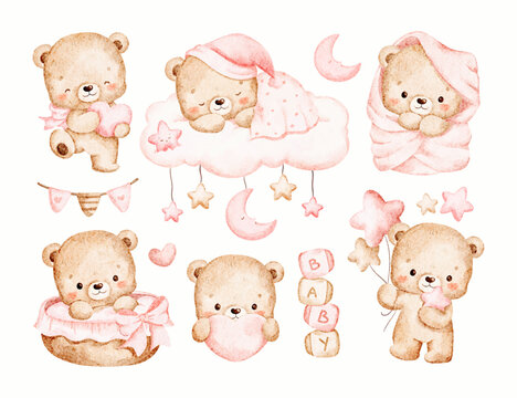 Watercolor Illustration Set of Baby Bears and Nursery Elements
