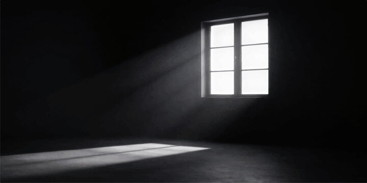 An empty 3d render of a dark room interior featuring an open window frame on a blank wall with moonlight spilling across the floor of a minimalist apartment space