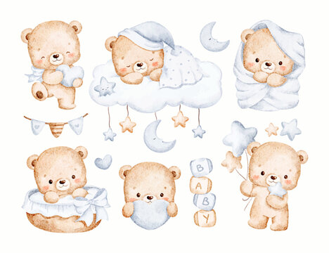 Watercolor Illustration Set of Baby Bears and Nursery Elements
