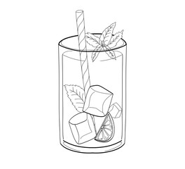 Refreshing mojito drink with mint leaves and ice line art on a transparent background © Tatimurmurprint