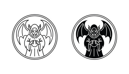 Gargoyle or demon character with wings holding a magic orb icon in circular frame linear and solid style isolated on a white background for fantasy and mystical design © David