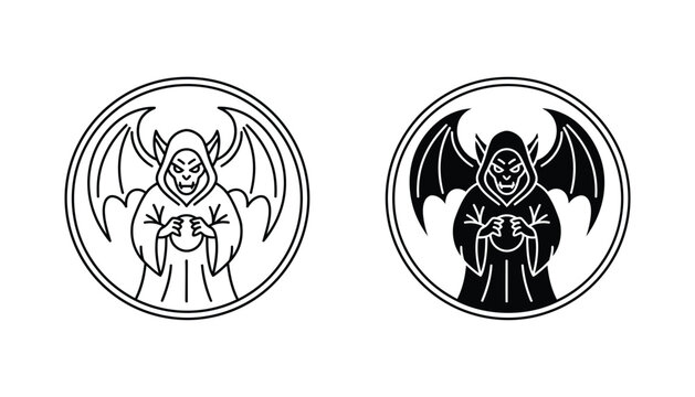 Gargoyle or demon character with wings holding a magic orb icon in circular frame linear and solid style isolated on a white background for fantasy and mystical design