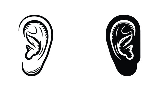 Human ear anatomy side view vector illustration in black and white outline and solid silhouette style isolated on a white background for medical or audiology design purposes