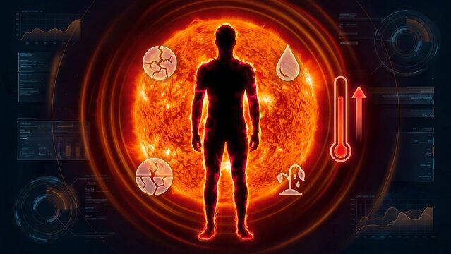 Extreme heatwave impact on human body under intense sun temperature rise dehydration risk climate change global warming health hazard concept with thermal stress and environmental crisis
