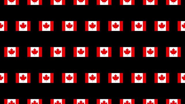 Red Canada flag pictograms move upward in a seamless loop on black background, creating a bold repeating pattern. Suitable for Canada-themed motion graphics, and dynamic patriotic backgrounds.