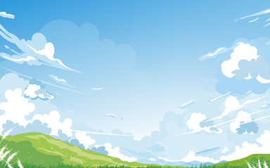 Naklejka premium Cartoon sky background with fluffy clouds and green hill landscape, bright blue sky illustration, nature scene with copy space, cheerful outdoor backdrop for kids design, summer and spring concept