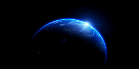 An illustration of the blue planet Earth and its moon orbiting the radiant sun within the vast dark space of our universe © MDNUR