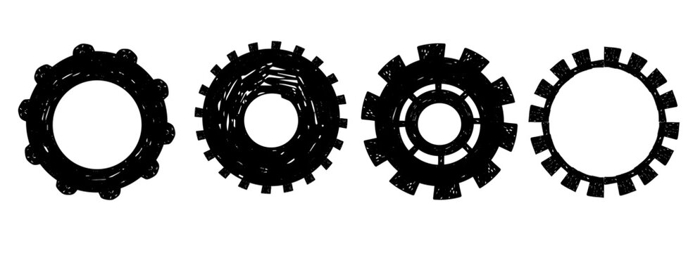 Gear machine wheel icon, cog hand drawn sketch. Crayon rero settings cogs and gears line clipart, textured design elements. Setting gear icon. 
