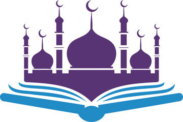 Fototapeta premium Purple mosque silhouette on open book with blue pages and white background