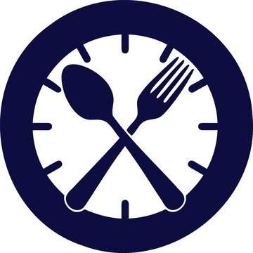 Crossed spoon and fork on clock face icon for mealtime or dining schedule symbol