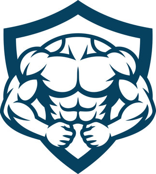 Muscular flexed arms and shield emblem with strong biceps and triceps  symbol of strength
