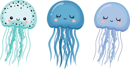 Cute Jellyfish Cartoon Character Set with Different Colors Adorable Marine Sea Creature Illustrations for Kids Design Nursery Prints and Ocean Themed Projects © MstBobita