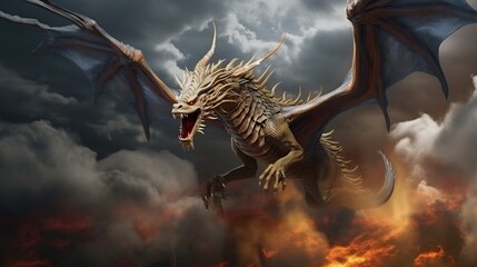 Obraz premium Majestic fiery dragon soaring through stormy skies above volcanic clouds and embers