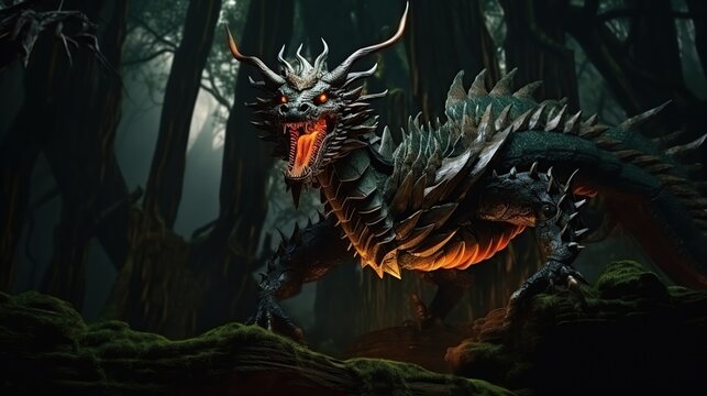 Majestic Ember-lit Dragon Lurking Through Moonlit Dark Forest Beneath Ancient Trees