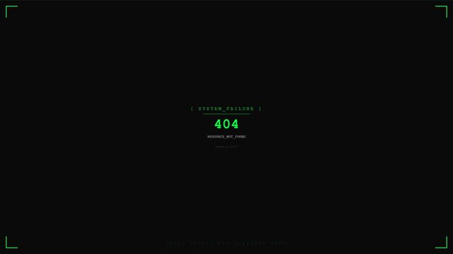 System failure 404 error message on a dark screen