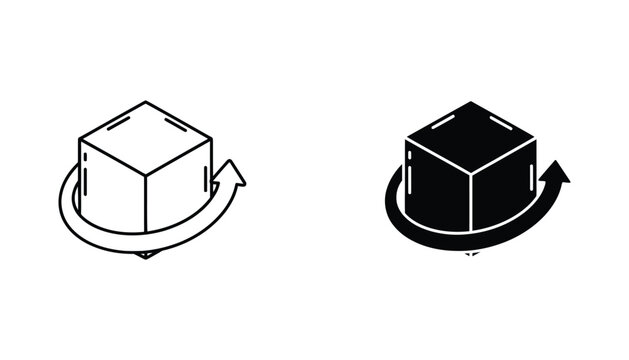 3D object rotation and perspective icon set featuring a cube with a circular arrow for software development and UI design applications