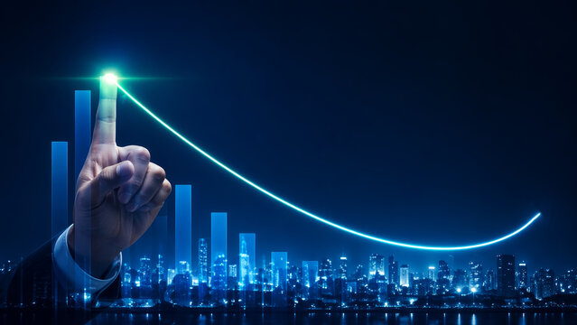 Businessman hand touching glowing bar chart futuristic digital city skyline economic growth financial success innovation technology blue neon night copy space