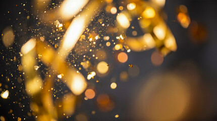 falling golden shiny confetti ribbons with blurred glowing bokeh over dark background representing festive celebration luxury new year birthday party grand event