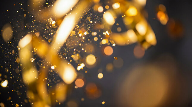 falling golden shiny confetti ribbons with blurred glowing bokeh over dark background representing festive celebration luxury new year birthday party grand event
