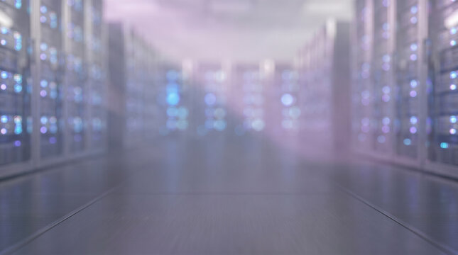 Defocused abstract background modern futuristic data center server room bright glowing neon purple blue lights illuminating equipment hardware racks digital cloud network