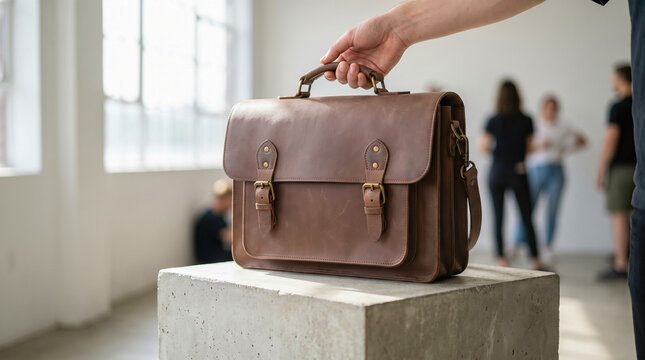 Man holding brown leather briefcase classic vintage satchel concrete block modern bright industrial office space background professional business fashion style concept template
