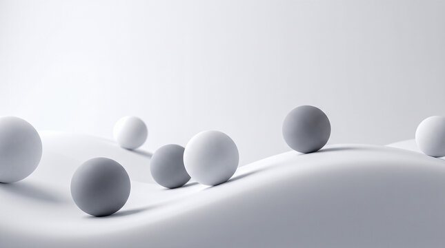 Minimalist abstract background grey white geometric sphere scattered across smooth wavy rolling surface elegant modern 3d rendering clean soft design template concept