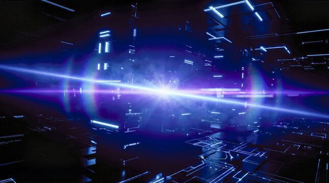 Futuristic abstract dark geometric scifi background glowing bright blue purple neon light flare creating modern digital cyber technology virtual reality cyberspace network concept