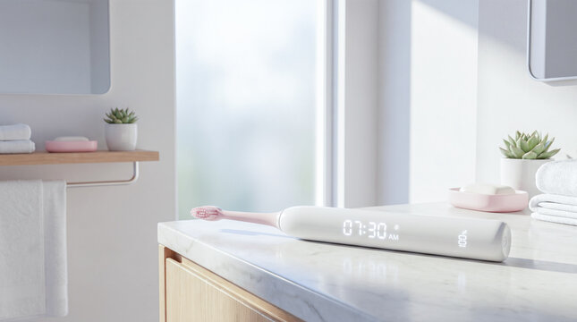 Smart electric toothbrush showing digital clock display resting clean modern bathroom vanity morning oral hygiene dental care wellness lifestyle presentation concept