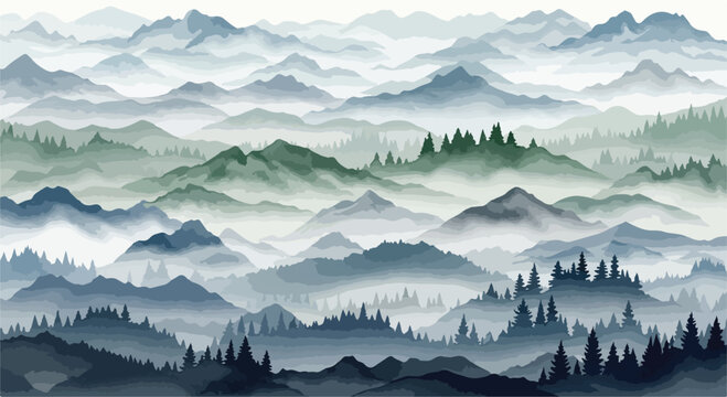 Traditional ink wash mountain landscape vector, misty forest hills in oriental brush style, serene blue and green watercolor nature background