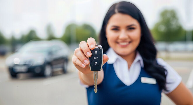 Smiling professional female car dealer showing keys against blurred vehicle background representing successful auto purchase rental driving transport ownership dealership service leasing business