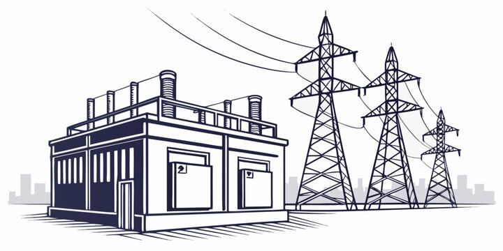 Electrical transformer substation with transmission towers and city skyline substation electricity transmission electrical infrastructure transformer industrial electric technology structure